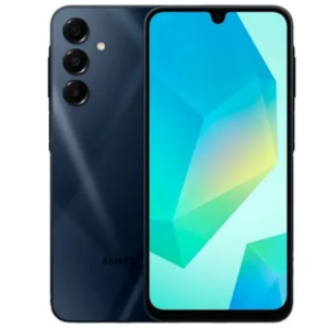 הסמארטפון הכשר SAMSUNG A16 כולל גב כחול כהה עם שלוש מצלמות אנכיות ופלאש LED. החזית מציגה תצוגה תוססת עם צורות גיאומטריות כחולות וירוקות.